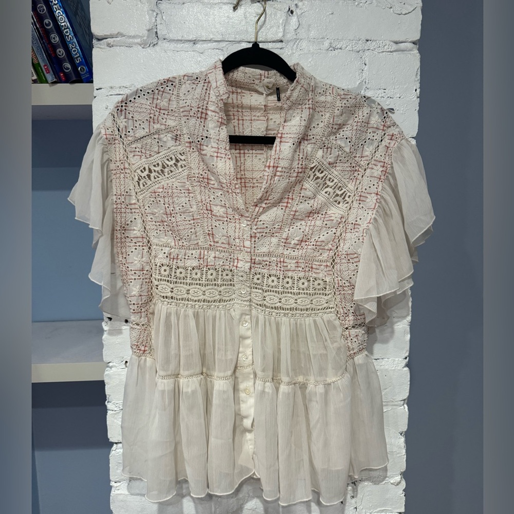 Anthropologie Cream and Pink Lace Blouse